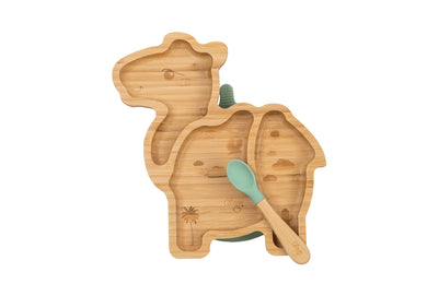 Citron Small Bamboo Plate with Suction with Spoon Camel