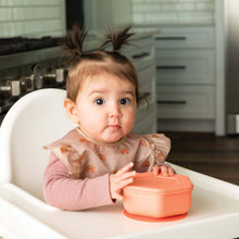 Load image into Gallery viewer, Tiny Twinkle&#39;s Silicone Suction Bowl with Lid in Coral color with lid on
