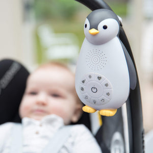 Zazu Sound Machine - Zoë the penguin in grey in stroller