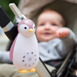 Zazu Sound Machine - Zoë the penguin in pink in stroller
